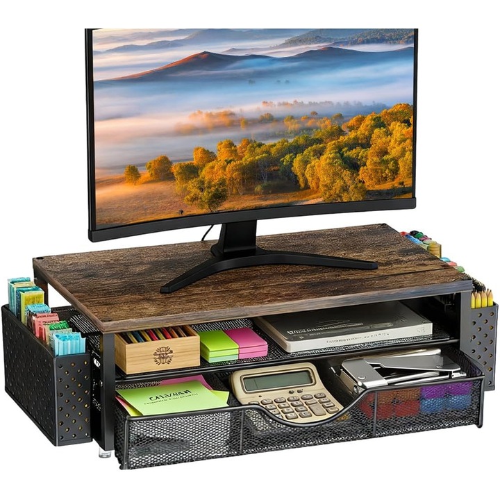 Stojak monitor cu 2 niveluri, organizer birou cu 2 sertare, ergonomic, 14,98cm, multicolor