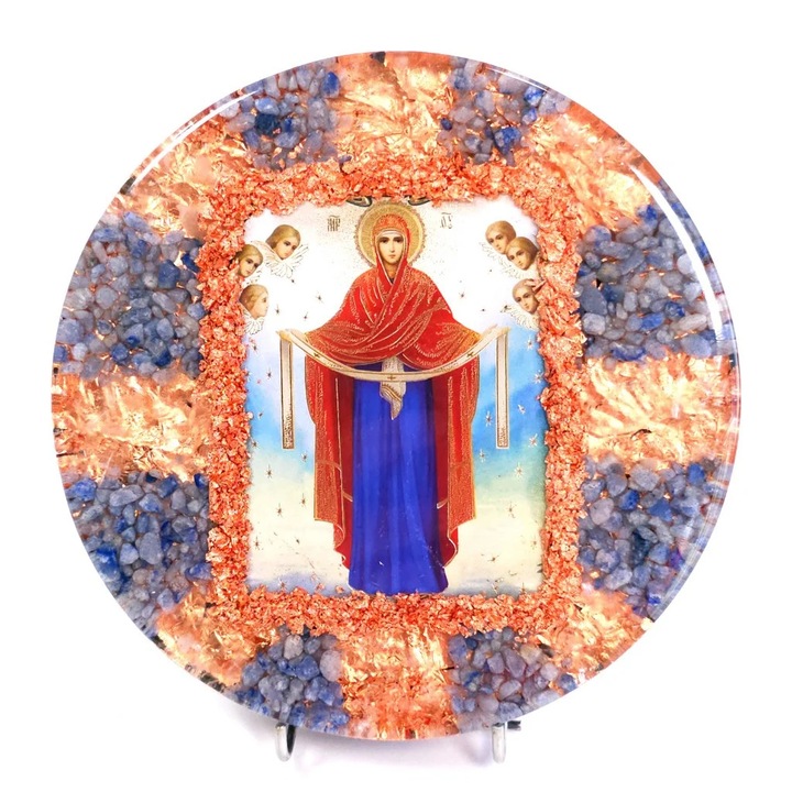 Icoana Acoperamantul Maicii Domnului din pietre naturale semipretioase, Elvero, 900 g, 17 cm