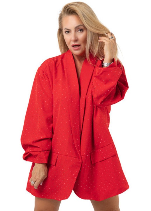 Sacou oversize rosu „Stardust” cu cristale fine, croiala moderna plus size, purtabil ca mini rochie sau jacheta eleganta, maneci bufante lungi si buzunare aplicate – Agrafka unisize