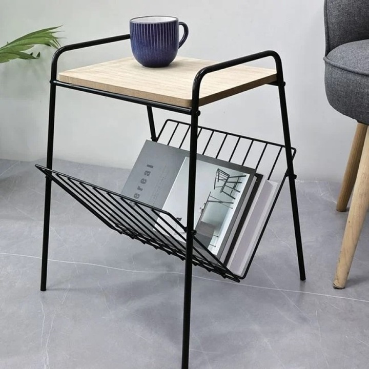 Помощна масичка DASINU, здрава метална рамка, дървена опора, черна, 36x29x46см