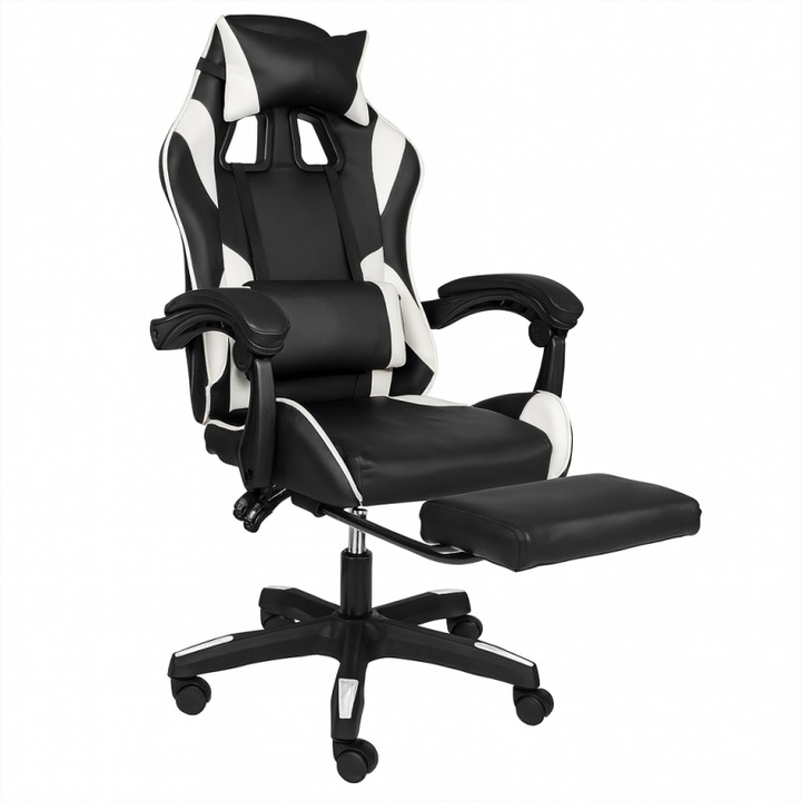 Черен геймърски стол с лумбална възглавница и поставка за крака, макс. 150 кг, 62x105-115 см, JollyMag, KO31B