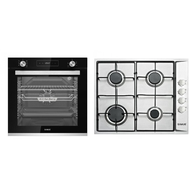 Pachet cuptor incorporabil Samus SCE827GCF 80 l, 2500 W, plită incorporabilă Samus PSG-64SX 4 arzătoare, gaz, argintiu, negru