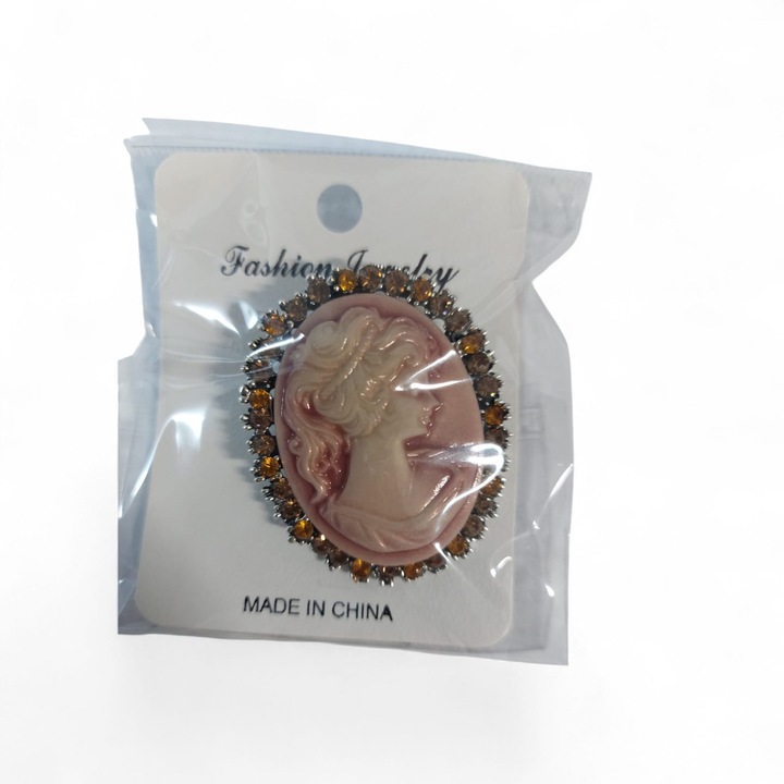 Brosă tradițională, camee sculptată, cristale mov și roz, roz, set multiuz