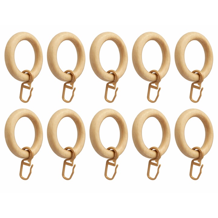 Set 10 Inele Lemn pentru Perdele si Draperii, cu Carlig Plastic, Design Natural, pentru Galerie Ø28 mm, Natur