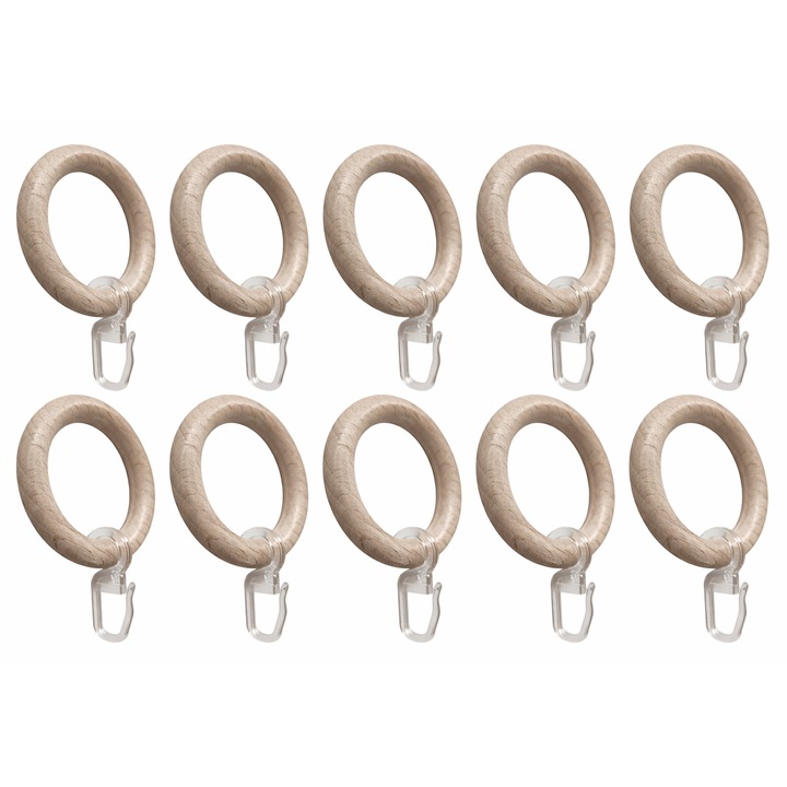 Set 10 Inele Lemn pentru Perdele si Draperii, cu Carlig Plastic, Design Natural, pentru Galerie Ø28 mm, Alb Antic