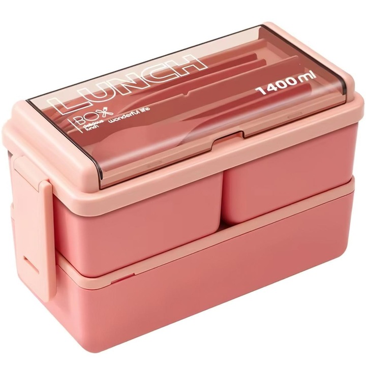 Lunchbox cu doua compartimente, recipient pentru mancare - Roz / 1400ml