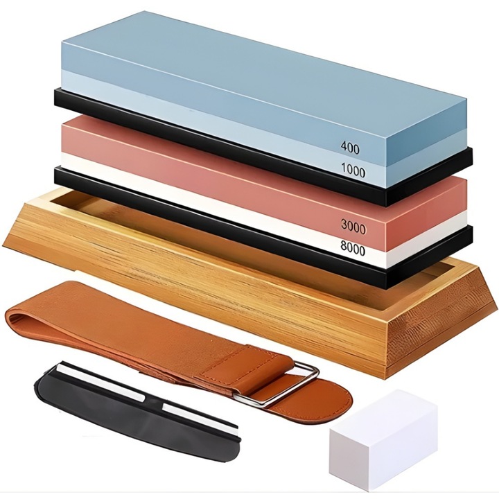 Set de pietre de ascutit cu baza din bambus, curea din piele si ghid de unghi - Multicolor 400 / 1000, 3000 / 8000