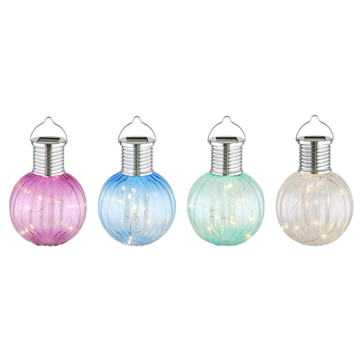 Слънчева лампа, метална сребриста, хромирана пластмаса, плъзгащ се превключвател, IP44, дисплей от 12 броя, цветове: 3 x зелено, синьо, лилаво, прозрачно всяко, висяща сфера, ø:80мм, В:135мм, смесен дисплей, 10x LED 0.06W 3V, 3000K