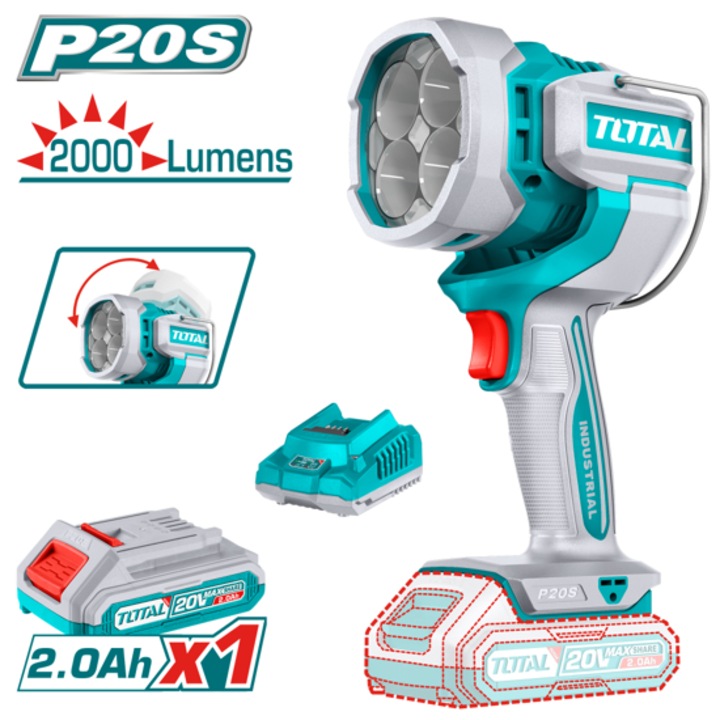TOTAL INDUSTRIAL lampa de lucru cu LED reincarcabila, 20 V, 22.5 W, 1 x 2 Ah
