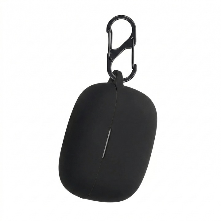 Husa silicon, Pentru casti JBL Wave 200TWS, Rezistenta la zgarieturi, Praf si socuri, Include carabina, Usor de transportat, Negru