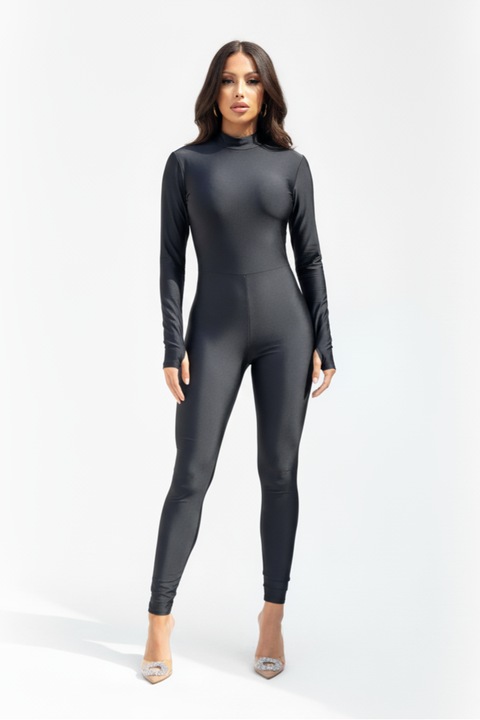 Salopeta modelatoare din lycra cu efect lucios, maneca tip manusa, neagra, marime M