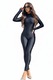 Salopeta modelatoare din lycra cu efect lucios, maneca tip manusa, neagra, marime M