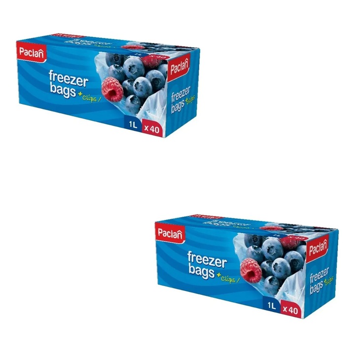 Set 2 X Pungi congelator cu clips 1 litru 18x28 cm, 40 buc, Paclan