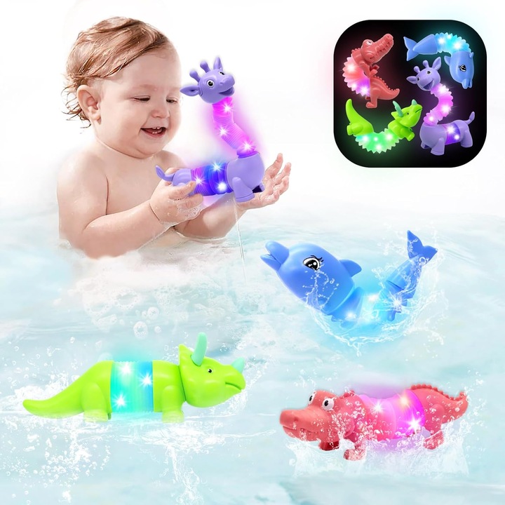 Jucarii de baie DELEE Set 4 bucati Tuburi Pop cu LED-uri, forme de animale, pentru copii 3-5 ani