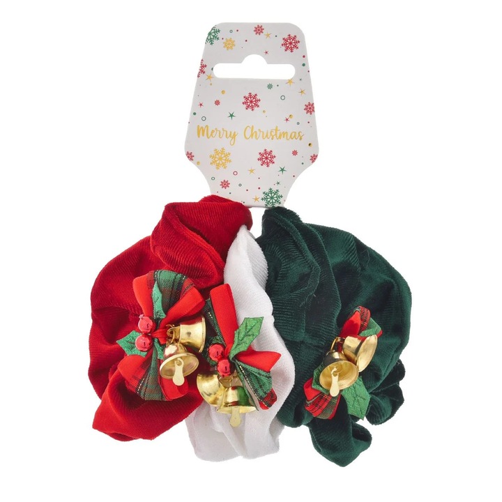 Karácsonyi hajcsat szett, bársony textil, fehér, zöld, piros, masnival és csengővel, 3 db