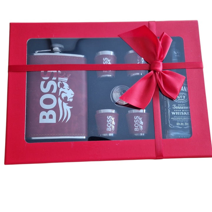 Set cadou bărbați Jack Daniel's cu ploscă, 4 pahare, palnie inox, cutie decorativă