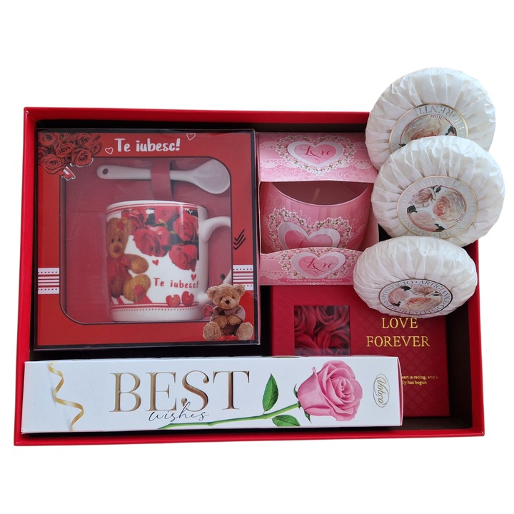Pachet cadou Best, cană ceramică, trandafiri parfumati, cutie bomboniere, set 6 produse
