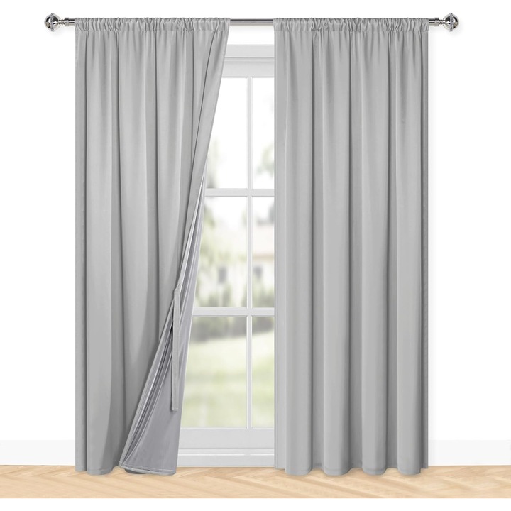 Perdea termică groasă set 2 bucăți, 220x140cm, gri, izolație fonică, opacă