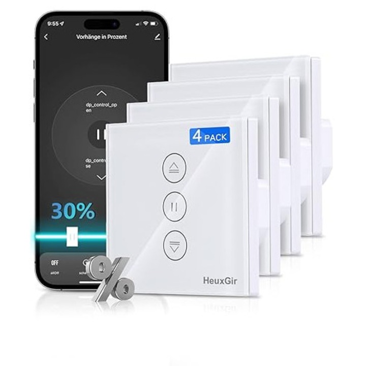 Set 4 x Intrerupător inteligent pentru rulouri, HeuxGir, control WiFi, culoare Alb, 80x80mm
