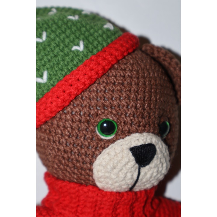 Păpușă croșetată manual - Ursuleț cu rochiță roșie, căciuliță verde, textil, 24cm