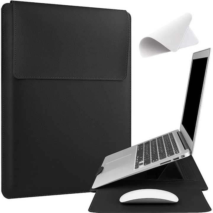 Laptop tok összecsukható állvánnyal, Vízálló és karcálló, Tépőzár, Hordozható, PU bőr, 15inch/16 inch, Ajándék: Mikroszálas törlőkendő képernyőkhöz, Fekete