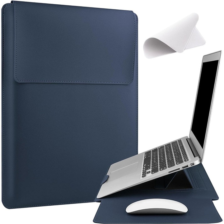 Laptop tok összecsukható állvánnyal, vízálló és karcálló, tépőzáras, hordozható, PU bőr, 13.3inch/14 inch, Ajándék: Mikroszálas törlőkendő képernyőkhöz, kék