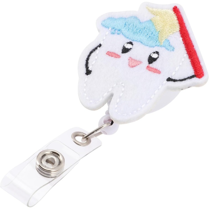 Suport pentru ecuson retractabil, design dinte din fetru, multicolor, 1 bucata