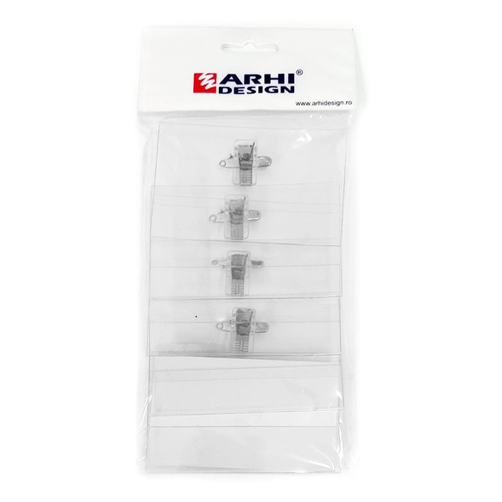 Set 5 ecusoane Arhi Design, transparent, 90x55mm, cu ac și clips