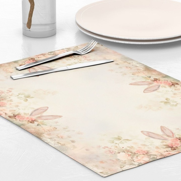 Suport farfurie set 4 bucati, bumbac 100%, 35x45cm, Lenjerii Deosebite, Elon floral pastelat si iepuras