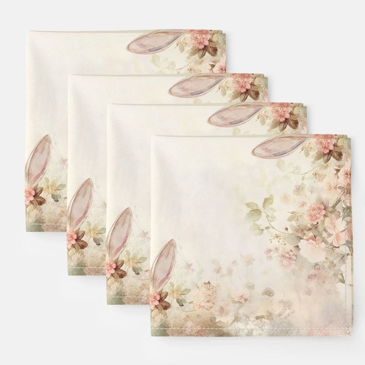 Servet masa, set 4 bucati, bumbac 100%, 45x45 cm, Lenjerii Deosebite, Elon floral pastel si iepuras