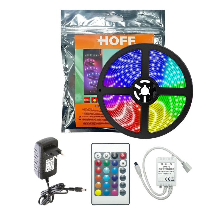 Banda LED RGB dublu-adeziva pentru interior Hoff SMD 5050, 12 V, 36 W, lumina colorata, cu alimentator + controler + telecomanda, 5 m