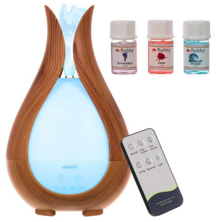 Difuzor aroma, umidificator, Ruhhy, 200 ml, 3 uleiuri esentiale, LED 7 culori, telecomanda, dimensiuni 12.7 x 21 cm