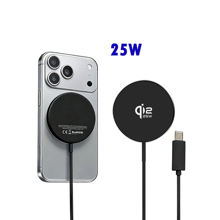 Incarcator Wireless 25W Ronic X, Tehnologie Magsafe, Fast-Charging, USB-C, Dimensiuni Compacte Ultra Subtire 5.6x5.6x0.5 cm, Compatibil iPhone 17/16/15/14, Pro Max, AirPods Pro, negru