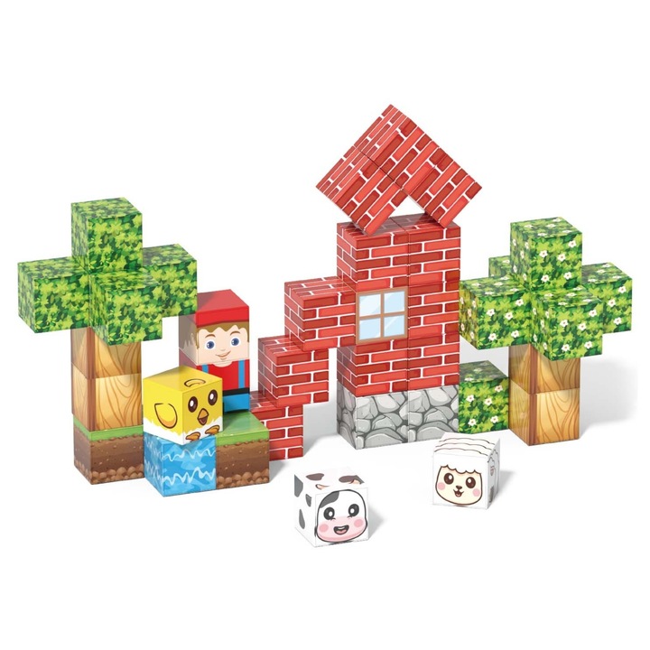Set cuburi magnetice de constructie Malvys®, joc educativ STEM cu blocuri magnetice tip pixel, sat 3D, 40 piese, 3+ ani