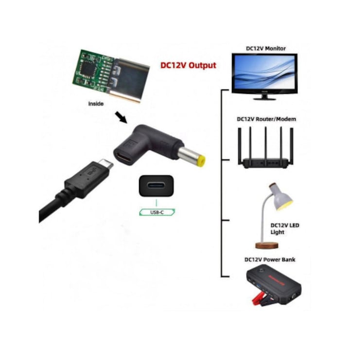 Adaptor 12V USB Type C Mama la DC 5.5x2.1mm Tata, idealSTORE – alimentare 12V MIV