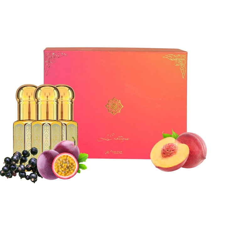 Musk Tahara 3 x 6 ml - Mosc alb cu piersica, fructul pasiunii si coacaze negre - Ingrijire pentru femei - Durabilitate - Hidratant - Origine vegetala