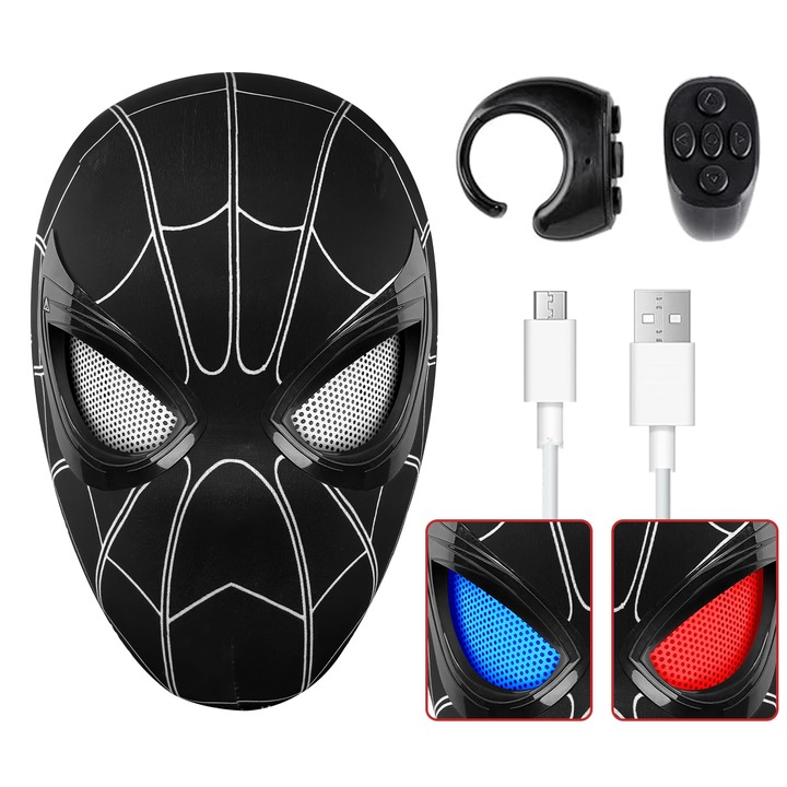Masca Spider-Man Cosplay, si lumini LED, telecomanda cu inel, costume de masca de joc de rol Halloween, accesorii de joc de rol reale cu fata intreaga pentru adolescenti si adulti