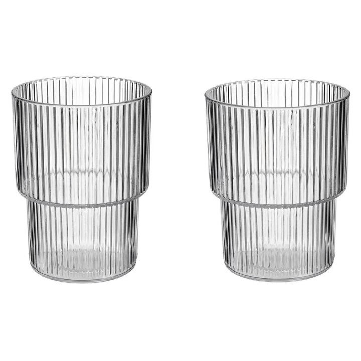 Set de doua pahare cu dungi reliefate, Plastic, Transparent, 320 ml