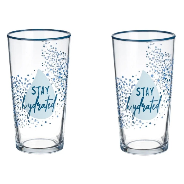 Set 2 Pahare cu margine Bleu si mesaj Stay Hydrated, Sticla, 570 ml, 8.5x15 cm