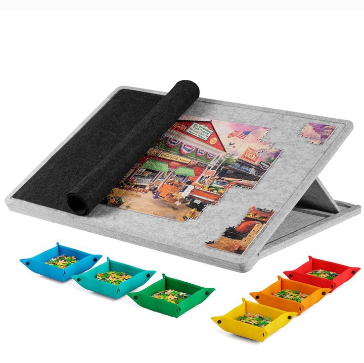 Paranteza pentru puzzle, Bedee, 6 tárolódobozzal, Dönthető puzzle tábla fedéllel, 3 szögben állítható puzzle asztal, 1000 darabos puzzle-ök tárolására alkalmas, 79x54 cm, Szürke