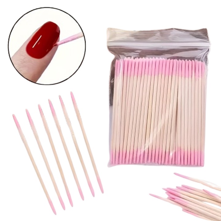 Set 100 betisoare profesionale pentru unghii, lemn de portocal, varf din bumbac, roz
