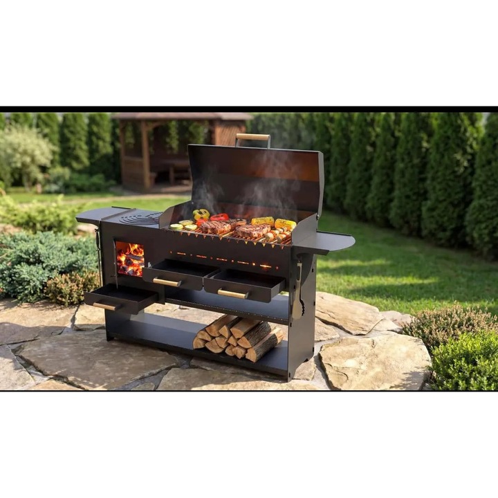 Gratar multifunctional „Supreme" cu soba laterala si suport ceaun – otel 3 mm