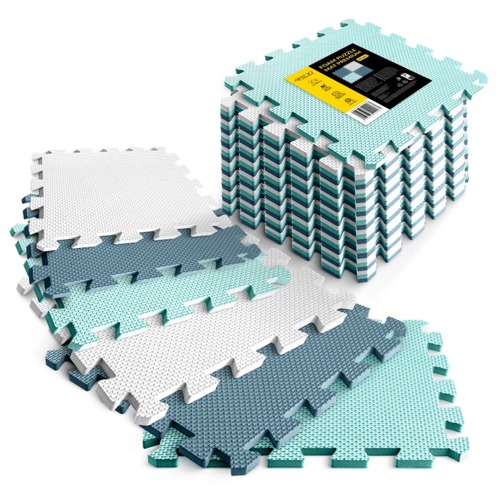 Covoras puzzle EVA, 4FIZJO, fitness si antrenament cu greutati, protectie podea pentru sala de sport acasa, suprafata antiderapanta, amortizare socuri, izolatie termica, montaj rapid, set 24 piese 30 × 30 × 1 cm, 1, 98 m², menta/albastru/alb