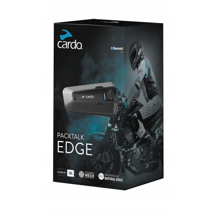 Intercom Cardo Packtalk Edge Single, rezistent la apa, radio FM, Bluetooth 5.2, dimensiuni 46x84x23mm