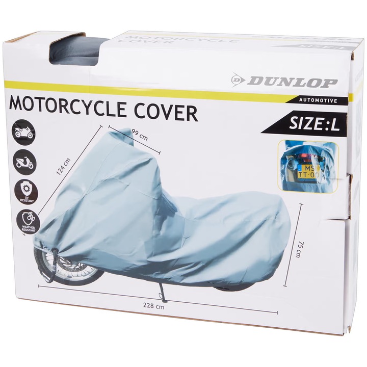 Husa pentru motocicleta Dunlop, L, rezistenta la intemperii, argintie, 228x124x75cm