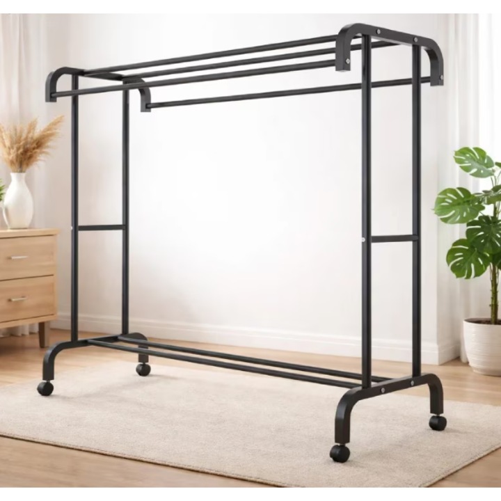 Fém ruhaállvány polcokkal, ruha- és cipőtároló, 109×50,5×148 cm, fekete