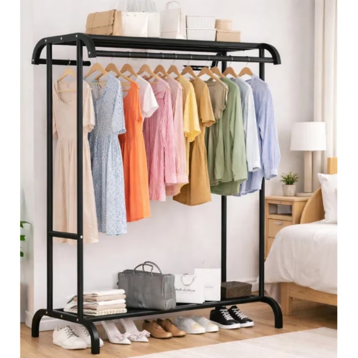 Suport Dublu Pentru Haine Cu Raft De Pantofi Si Spatiu De Depozitare Superior, Rezistent, 70KG Greutate Maxima, 150x109x50cm, Design Modern Si Stabil, NEGRU