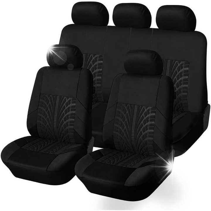 Set huse auto, 2 huse pentru scaunele din fata, 3 huse pentru scaunele din spate, 4 huse pentru tetiera, negru, poliester