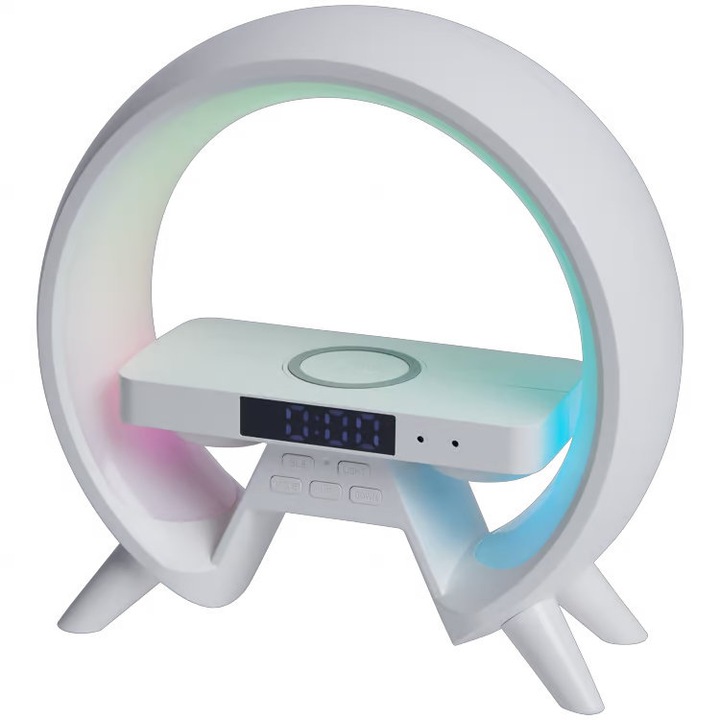 Ébresztőóra vezeték nélküli töltővel és LED világítással, fehér, 24x24cm, szett távirányítóval