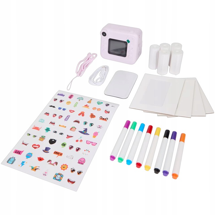 Моментален фотоапарат с принтер, 20 елемента, технология за термичен печат, цветни аксесоари, комплект за деца